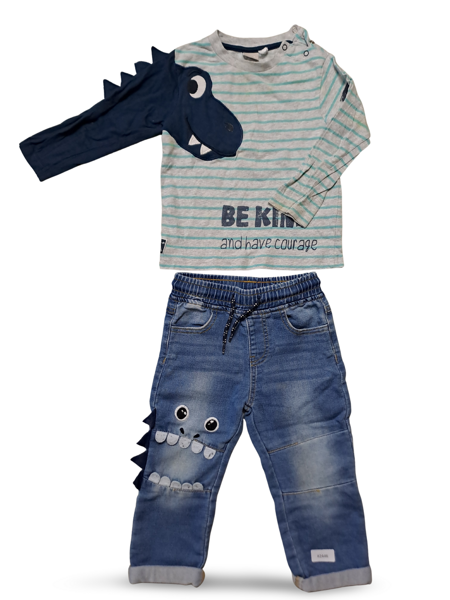 Langarmshirt und Jeanshose mit Dinoapplikation - Gr. 92