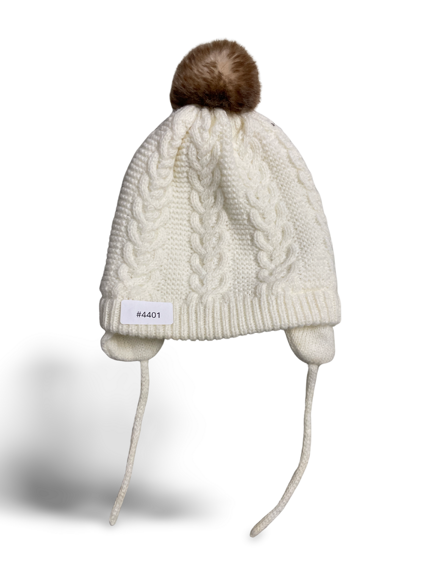 Weisse Wintermütze mit Bommel und Ohrenklappen - Gr. 86