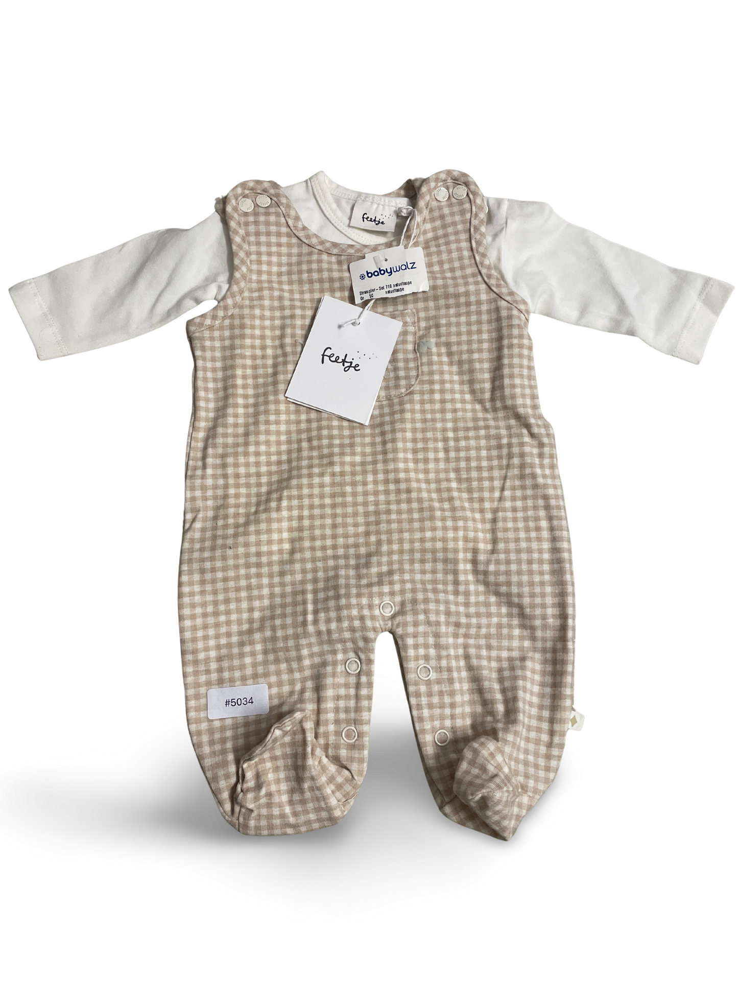 Beiger karierter Strampler mit Langarmshirt und Fuesse - Gr. 50