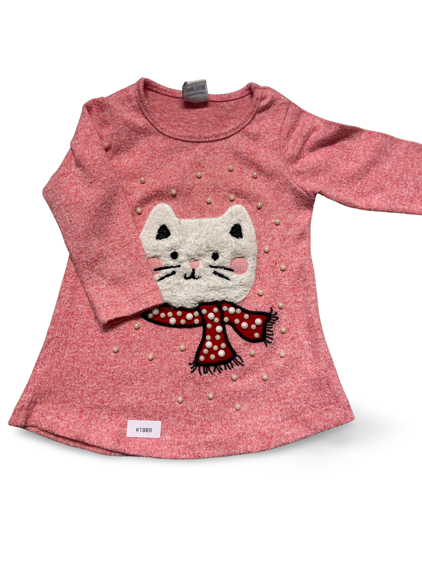 Mädchen Kleid rosa mit Katzenmotiv und Perlen - Gr. 86