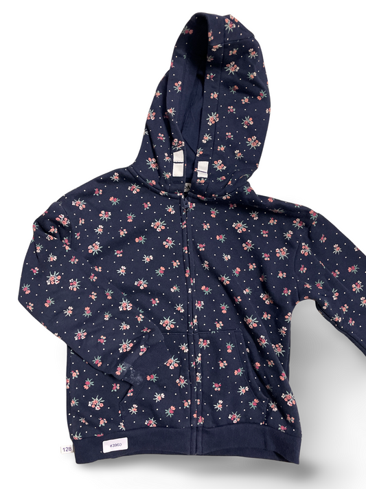 Dunkelblaue Kapuzenjacke mit Blumenprint - Gr. 128