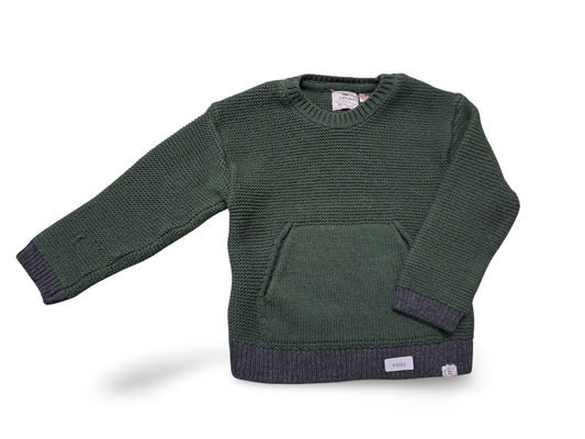 Green and grey knit sweater with kangaroo pocket - size 104