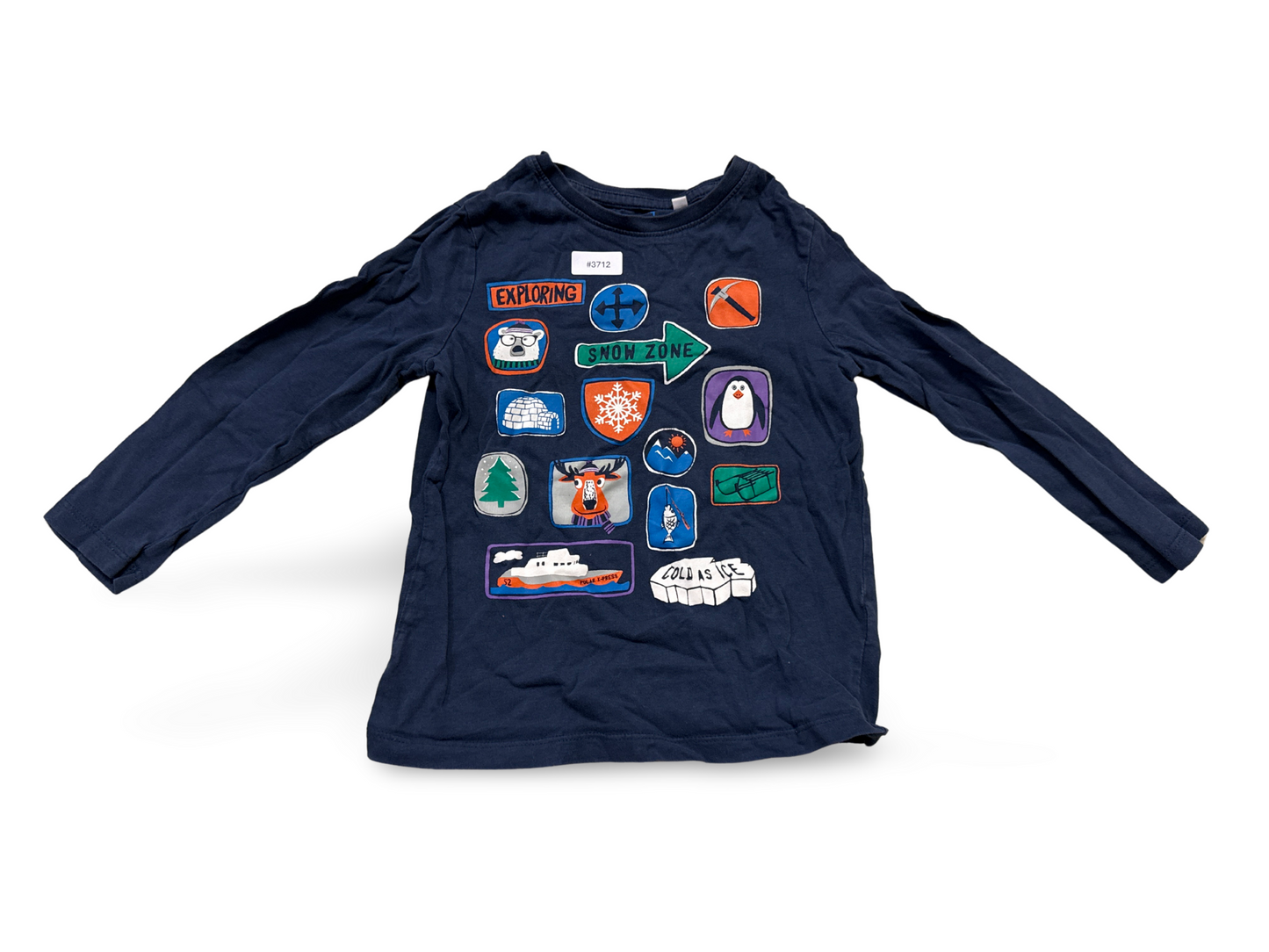 Long-sleeved shirt, navy blue with winter motifs - size 122