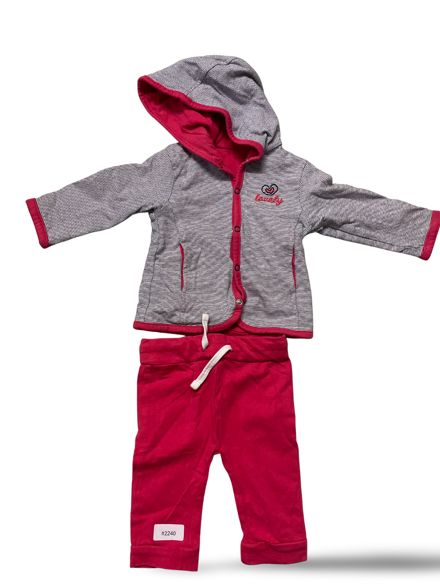 Grau-weiss gestreifte Kapuzenjacke mit rosa Jogginghose - Gr. 62