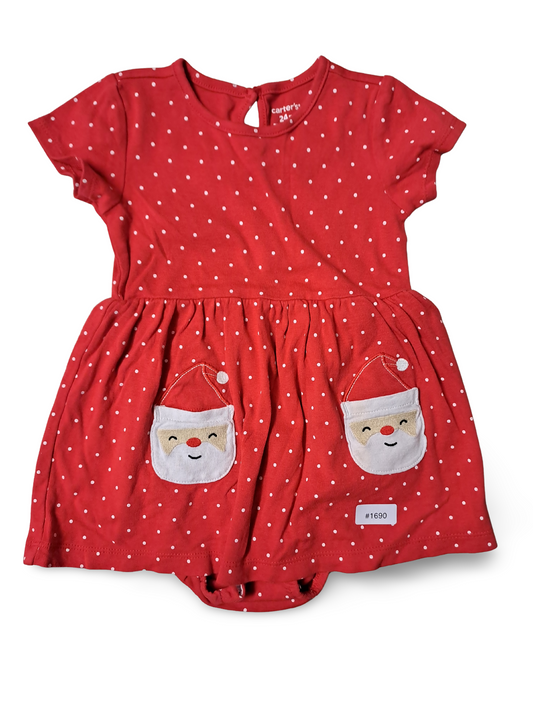 Rotes gepunktetes Stramplerkleid mit Weihnachtsmotiven - Gr. 92