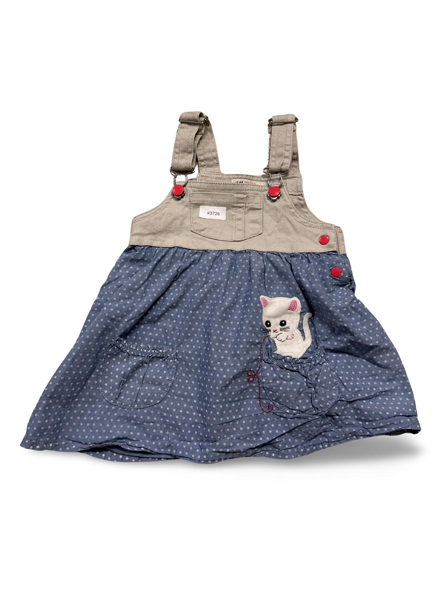 Blue polka dot pinafore dress with cat appliqué - size 92