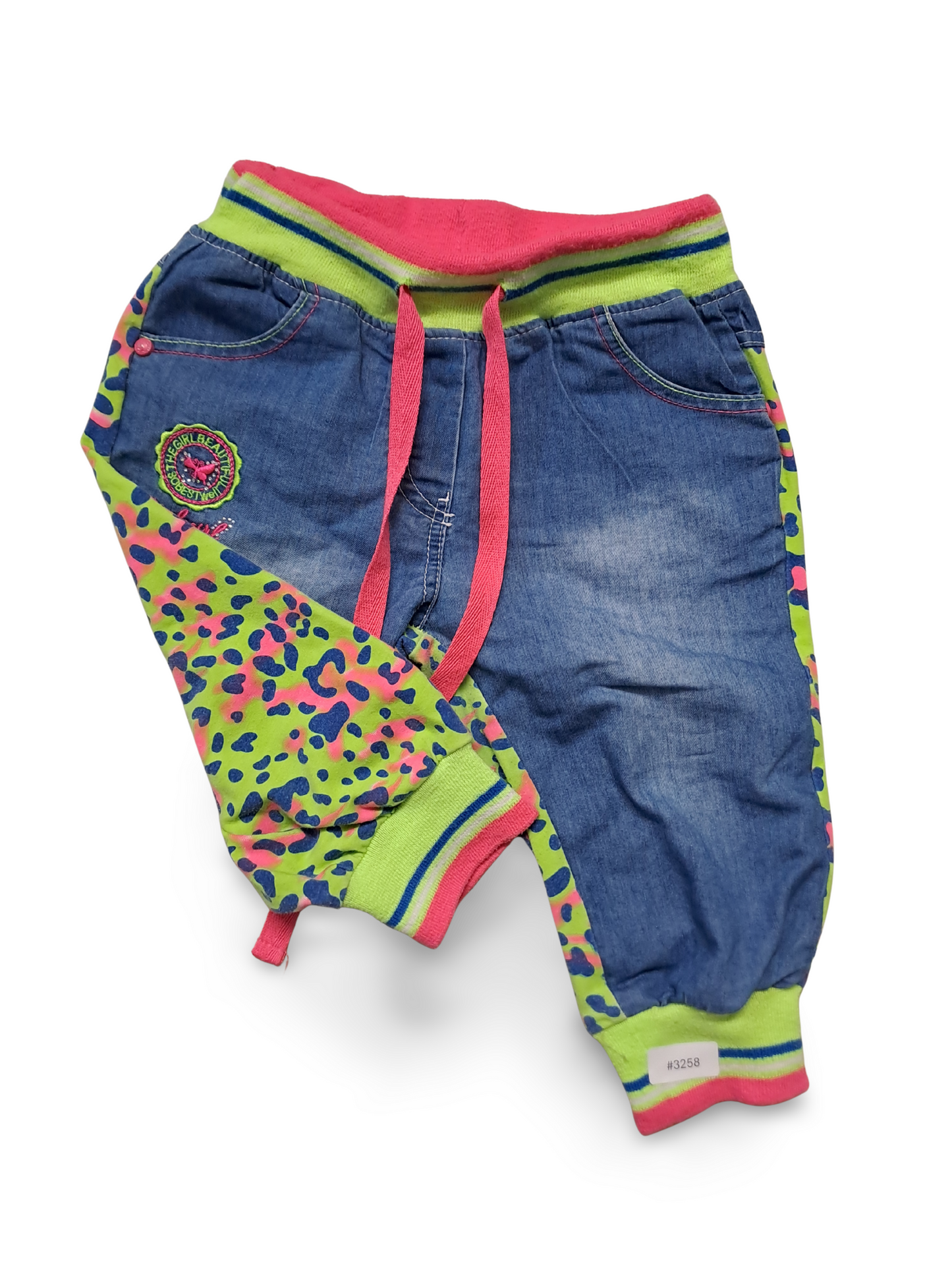 Denim-look jogging pants with neon leopard print - size 116