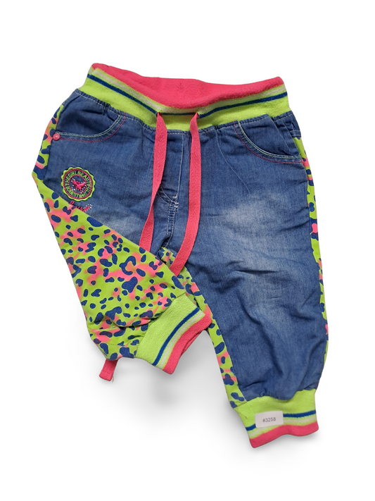 Denim-look jogging pants with neon leopard print - size 116