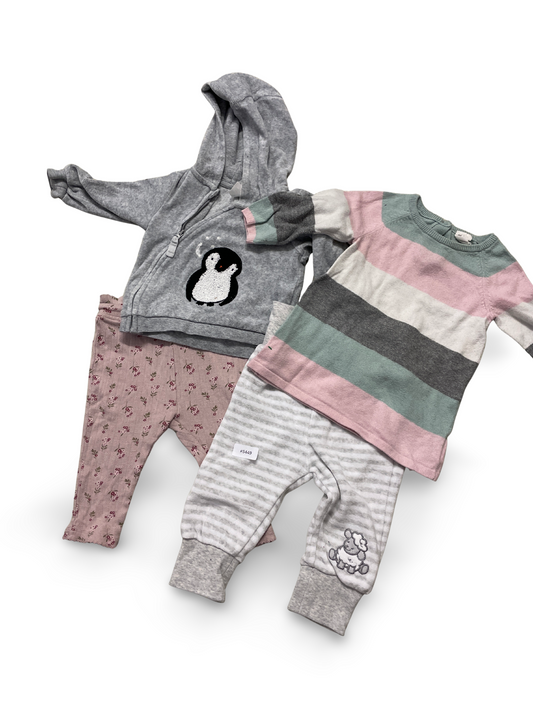 Set mit Kapuzenjacke, gestreiftem Kleid, Leggings und Jogginghose - Gr. 68