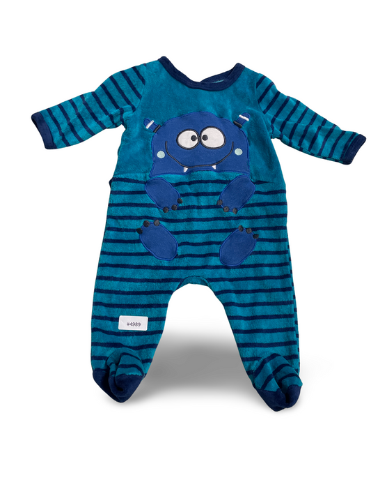 Blauer gestreifter Strampler mit Monsterapplikation - Gr. 68
