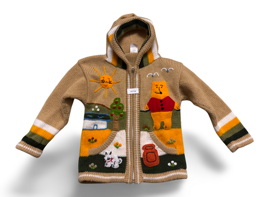 Gestrickte Kapuzenjacke mit Bär- und Sonnenapplikationen - Gr. 116