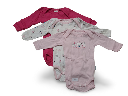 Bundle of 3 long-sleeved bodysuits pink/white with animal motif - size. 68