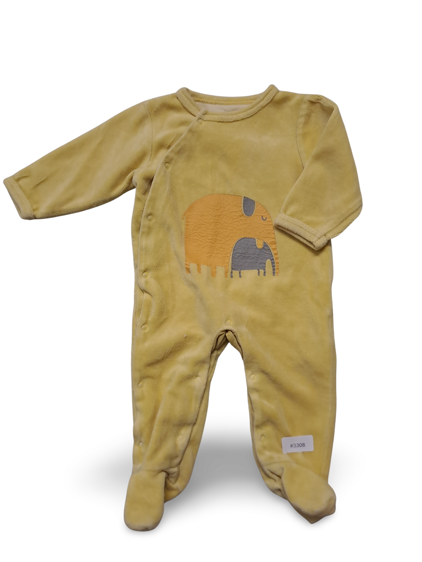 Yellow long-sleeved velvet romper with elephant motif and footed section - size 68