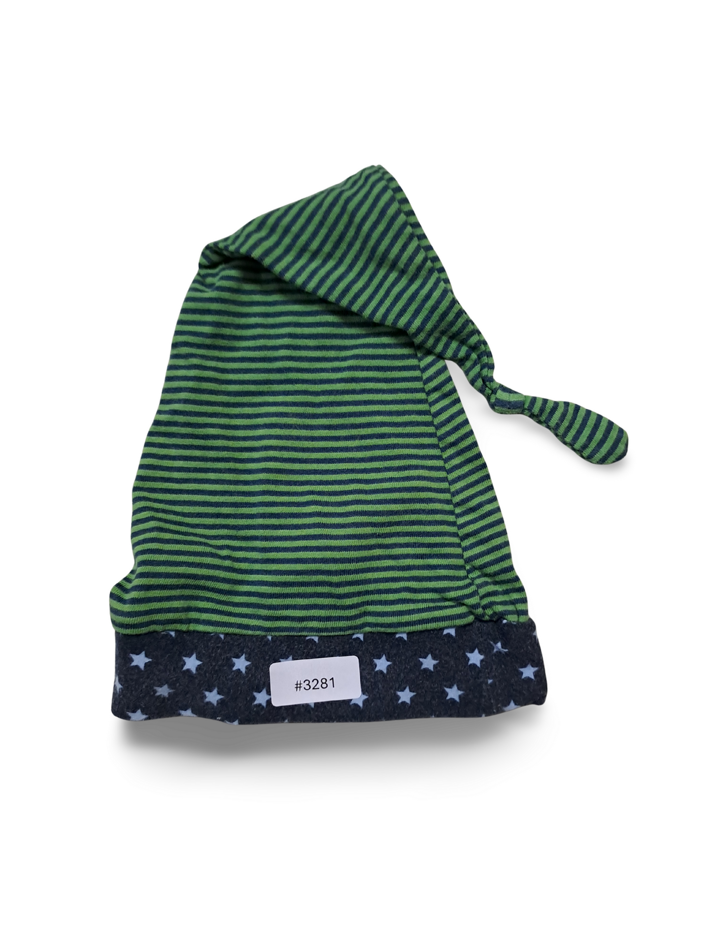 Baby hat, green and blue striped with knot - size 86