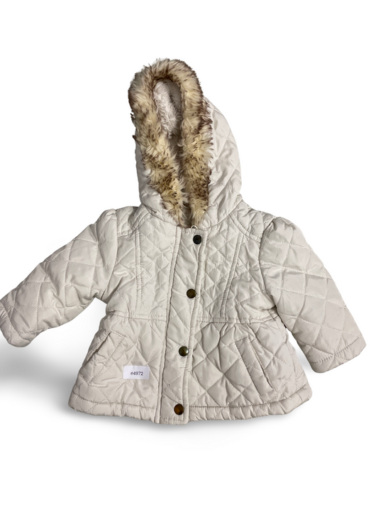 Weisse Steppjacke mit Kapuze und Kunstpelzbesatz - Gr. 68