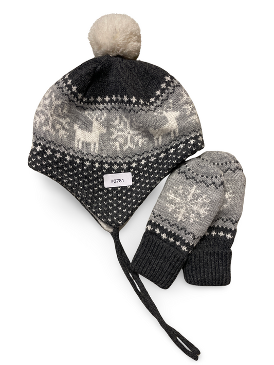 Grau-weiss Norwegermuster Mütze mit Fäustlingen - Gr. 86