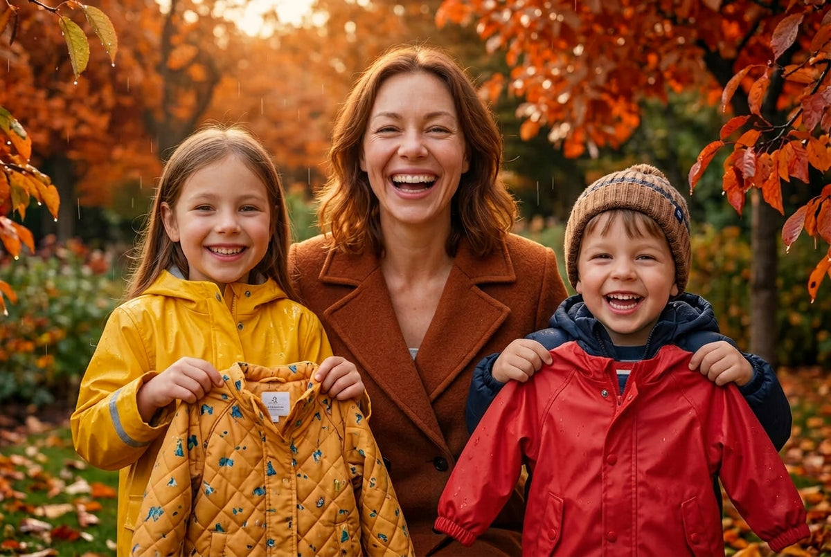 Mutter mit zwei Kindern im Herbstgarten, in Regen- und Winterjacken