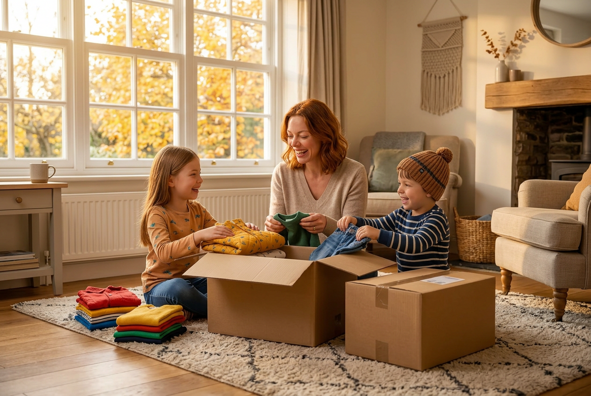 Mutter und zwei Kinder packen zu klein gewordene Kinderkleider in einen Versandkarton