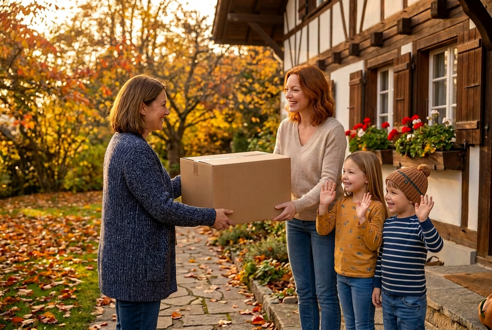 Mutter mit zwei Kindern bringt einen Karton mit Kinderkleidern vorbei